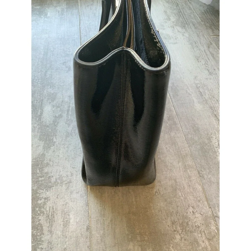 KATE SPADE Black Leather Shiny Glossy Designer Tote Shoulder Bag Classic Chic